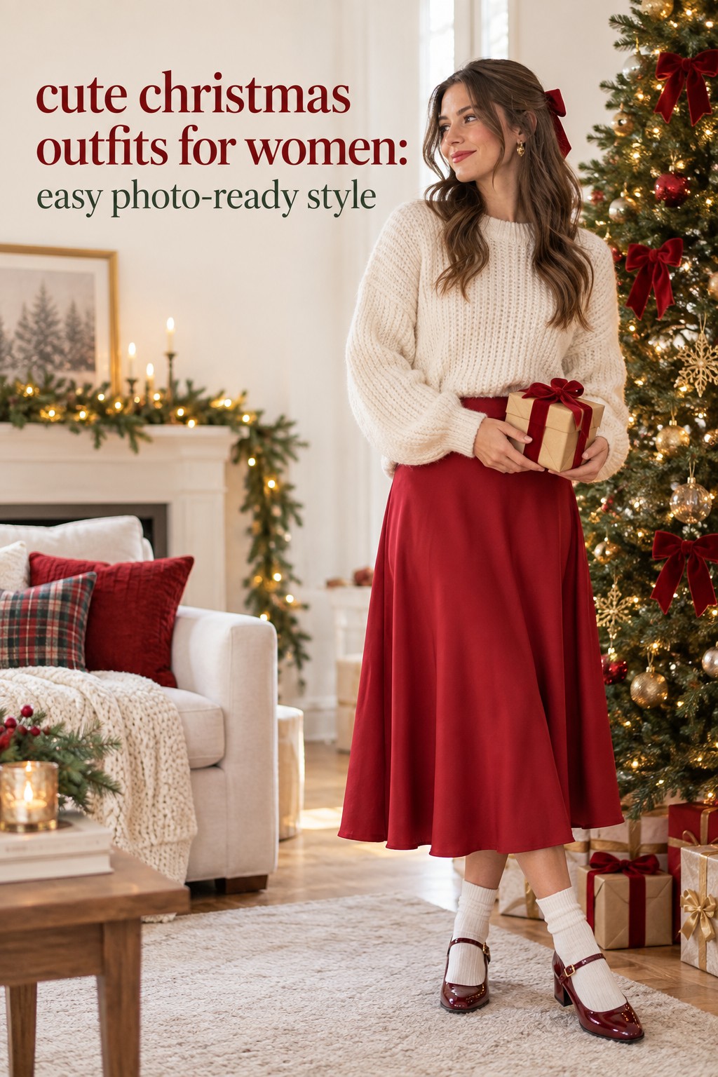 cute christmas outfits for women with a cream sweater and red midi skirt