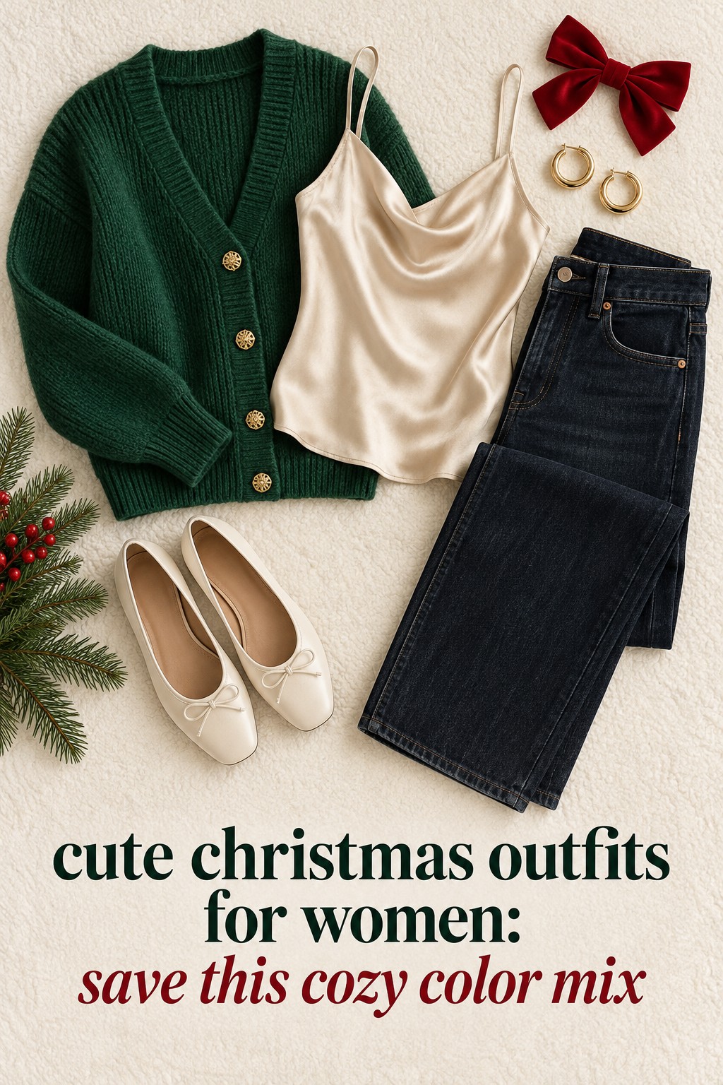cute christmas outfits for women emerald cardigan satin camisole and dark denim