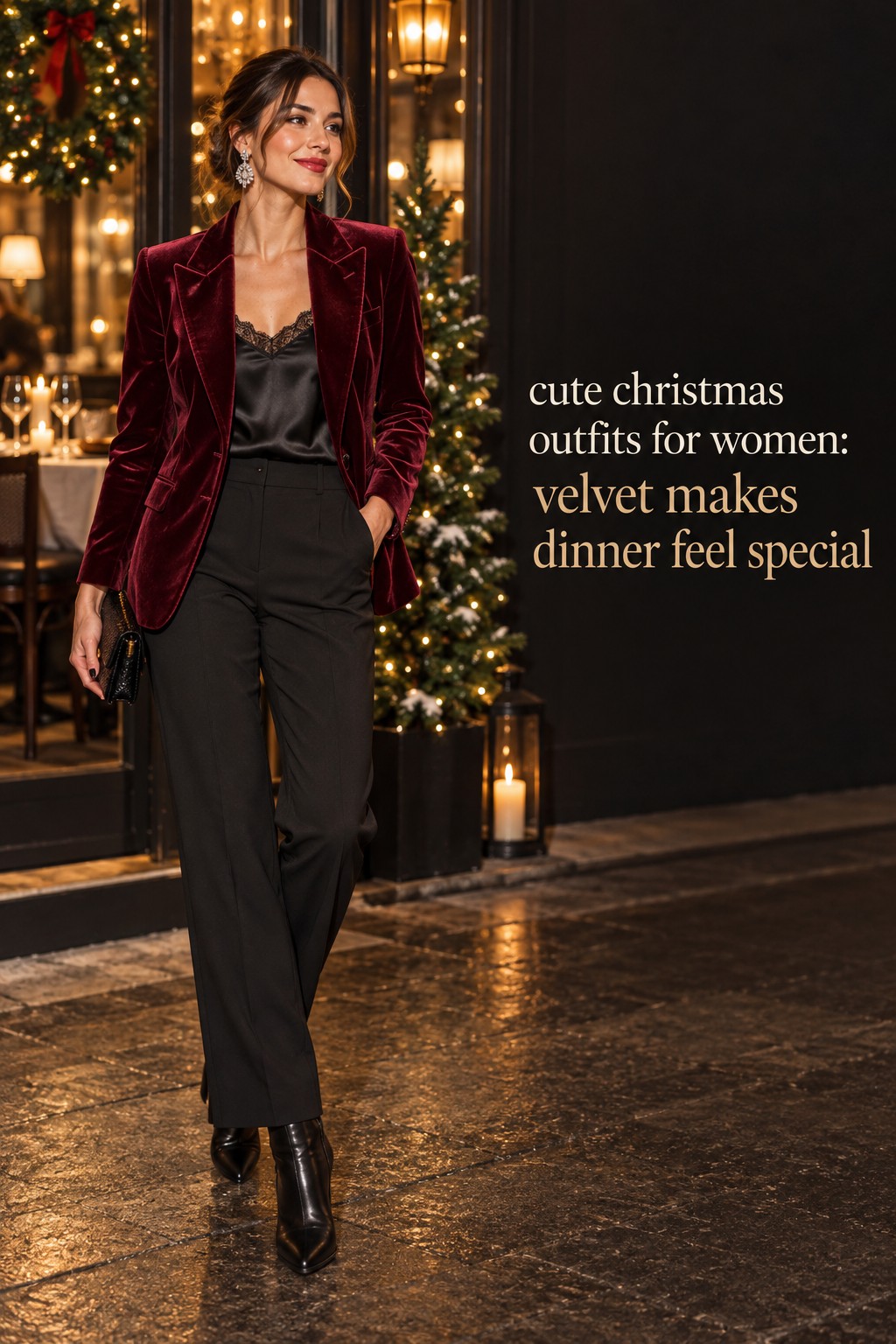 cute christmas outfits for women burgundy velvet blazer dinner look