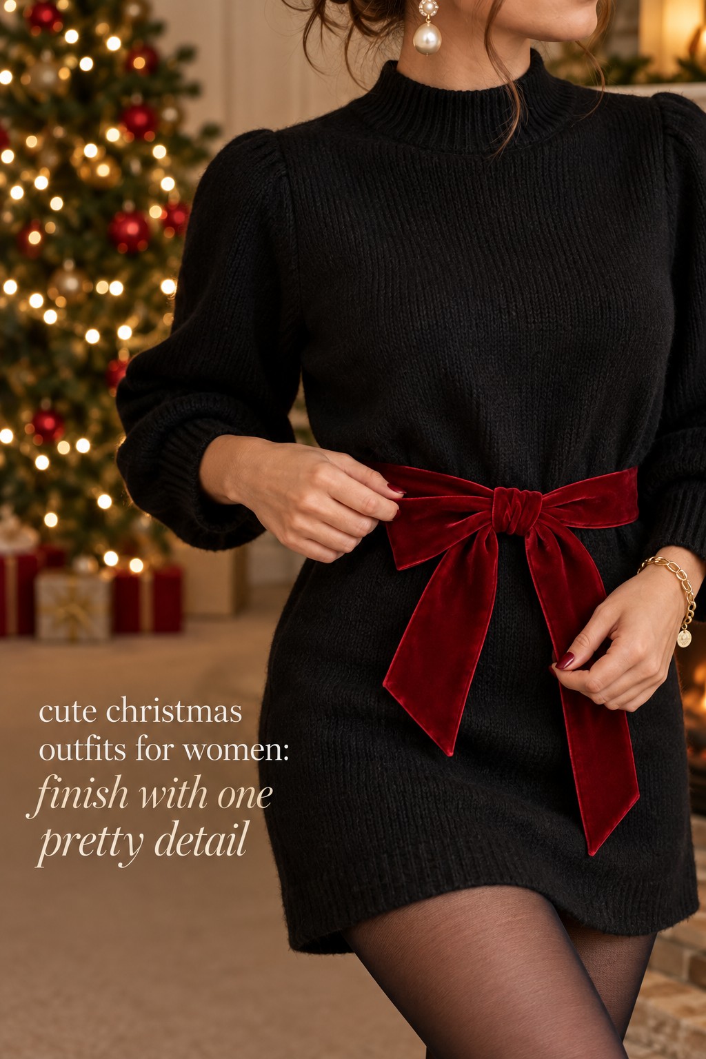cute christmas outfits for women black knit dress red velvet bow detail
