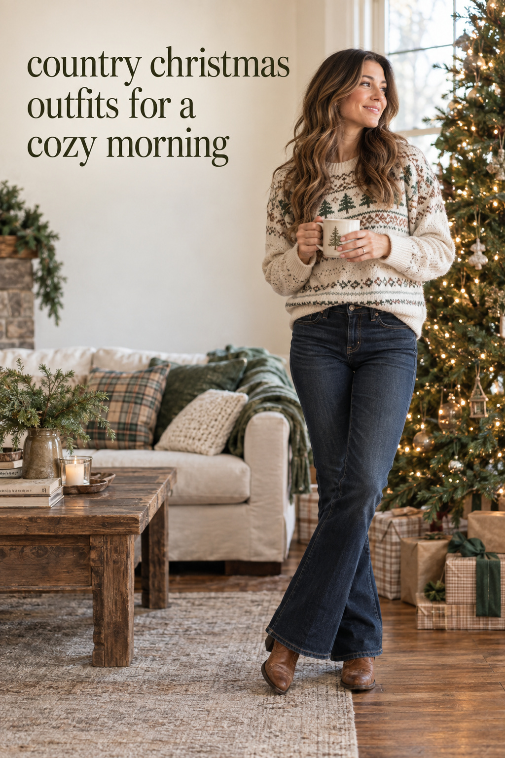 country christmas outfits for a cozy morning in dark denim, Fair Isle sweater, and cowboy boots
