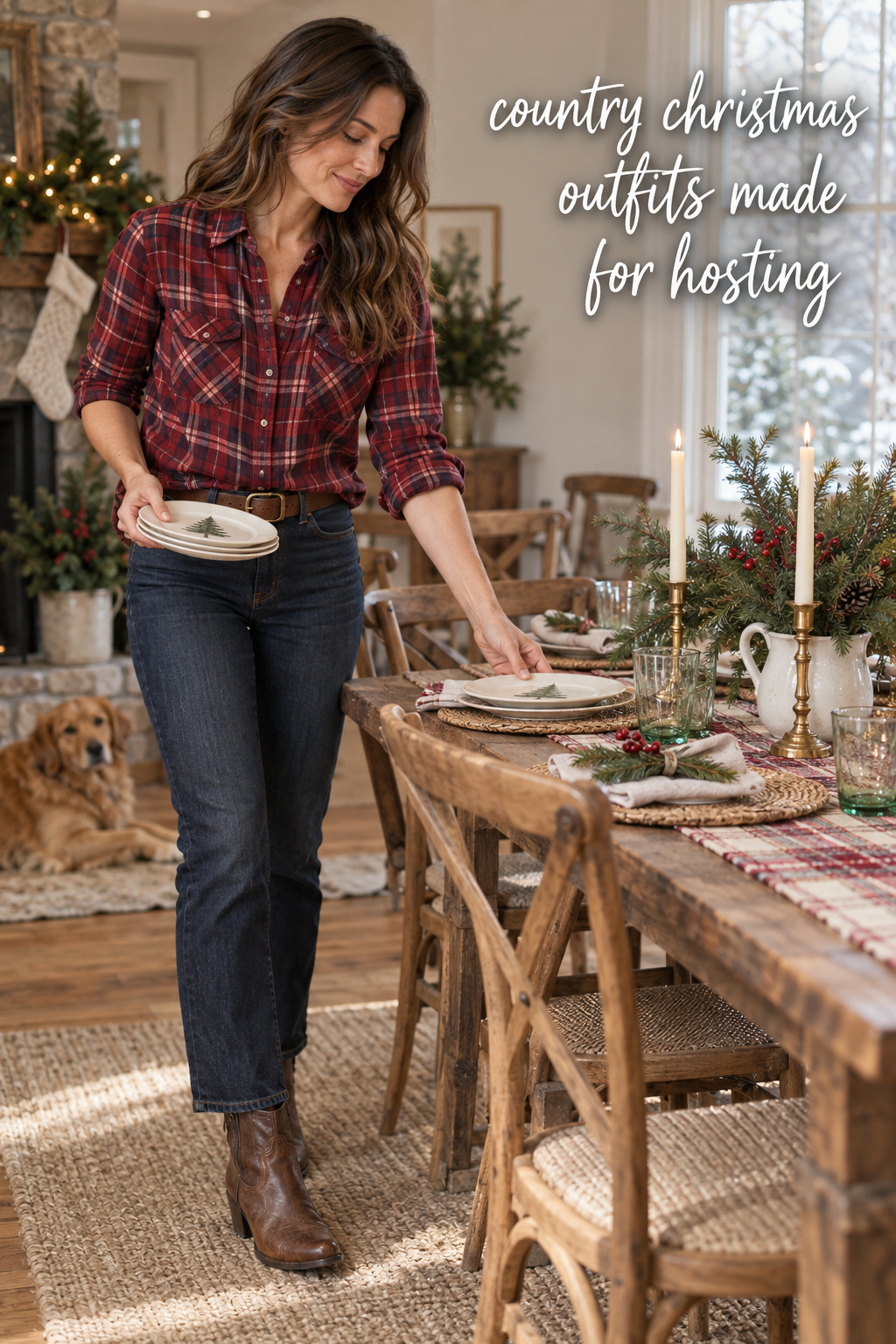 country christmas outfits for hosting with a red plaid shirt, dark jeans, and cowboy boots