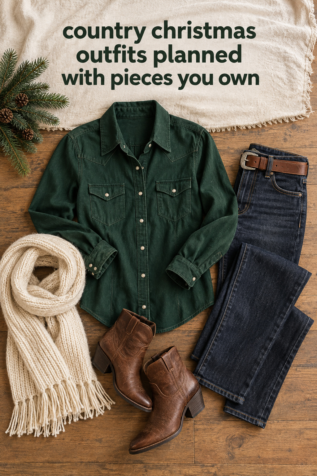 country christmas outfits flatlay with a green Western shirt, dark jeans, belt, scarf, and boots