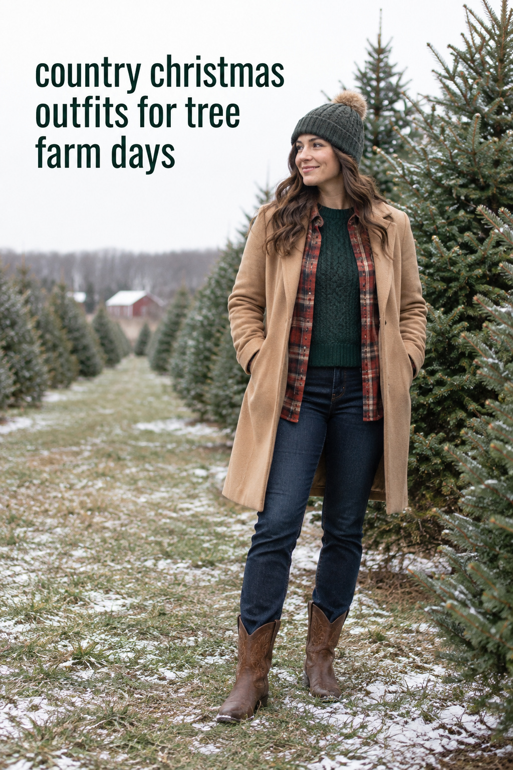 country christmas outfits for a tree farm with plaid layers, dark jeans, camel coat, and boots