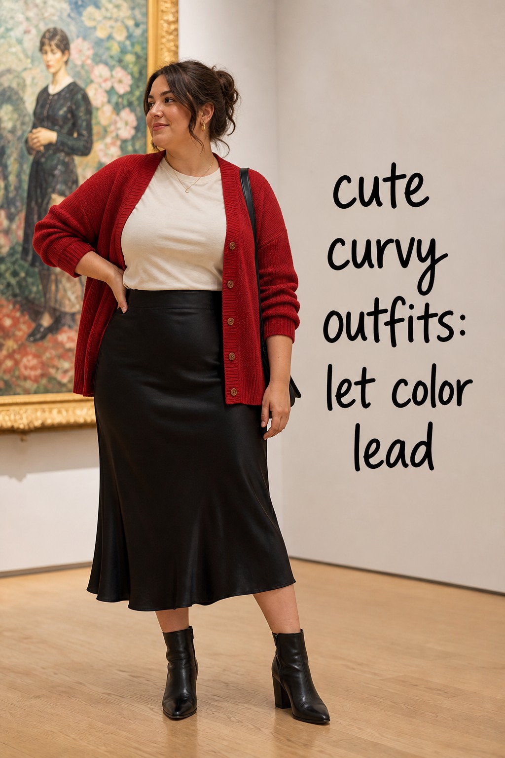 cute curvy outfits with black slip skirt, ivory tee, red cardigan, and boots