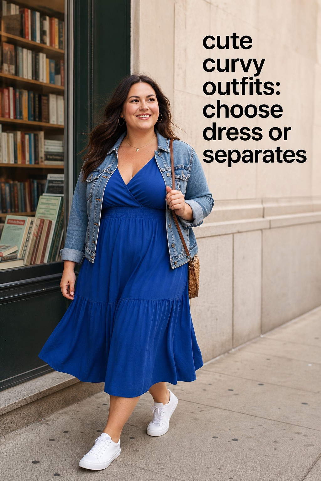 cute curvy outfits with cobalt midi dress, denim jacket, and sneakers