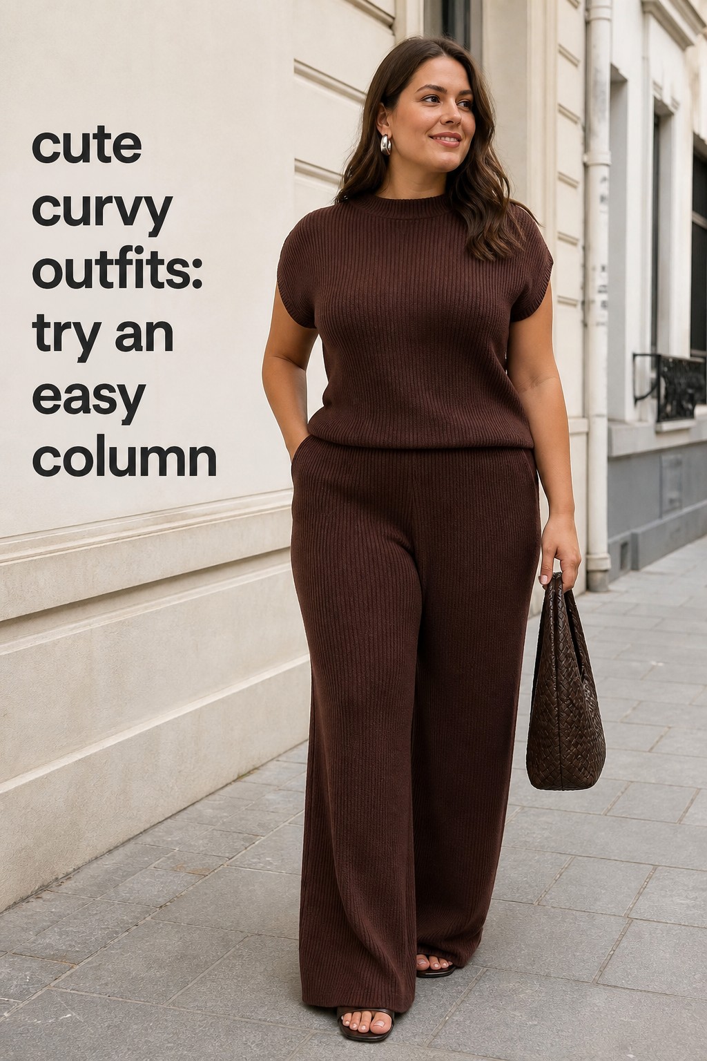 cute curvy outfits with chocolate matching knit set, wide trousers, and woven bag