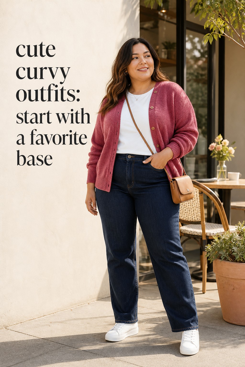 cute curvy outfits with raspberry cardigan, dark jeans, white tee, and sneakers
