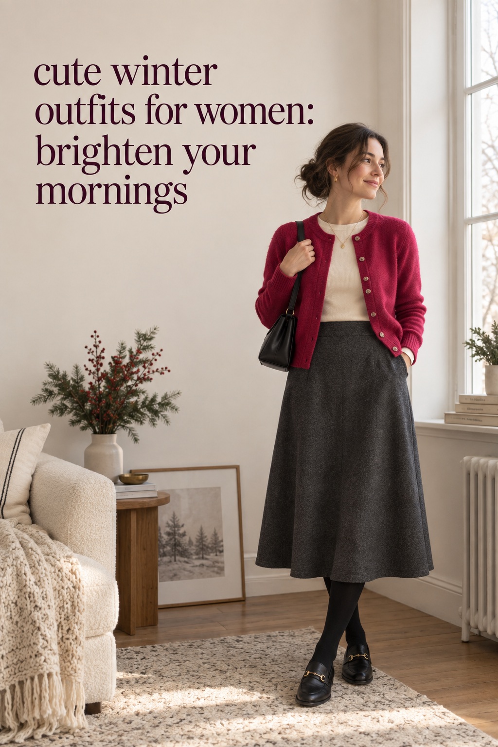 cute winter outfits for women in a raspberry cardigan and midi skirt