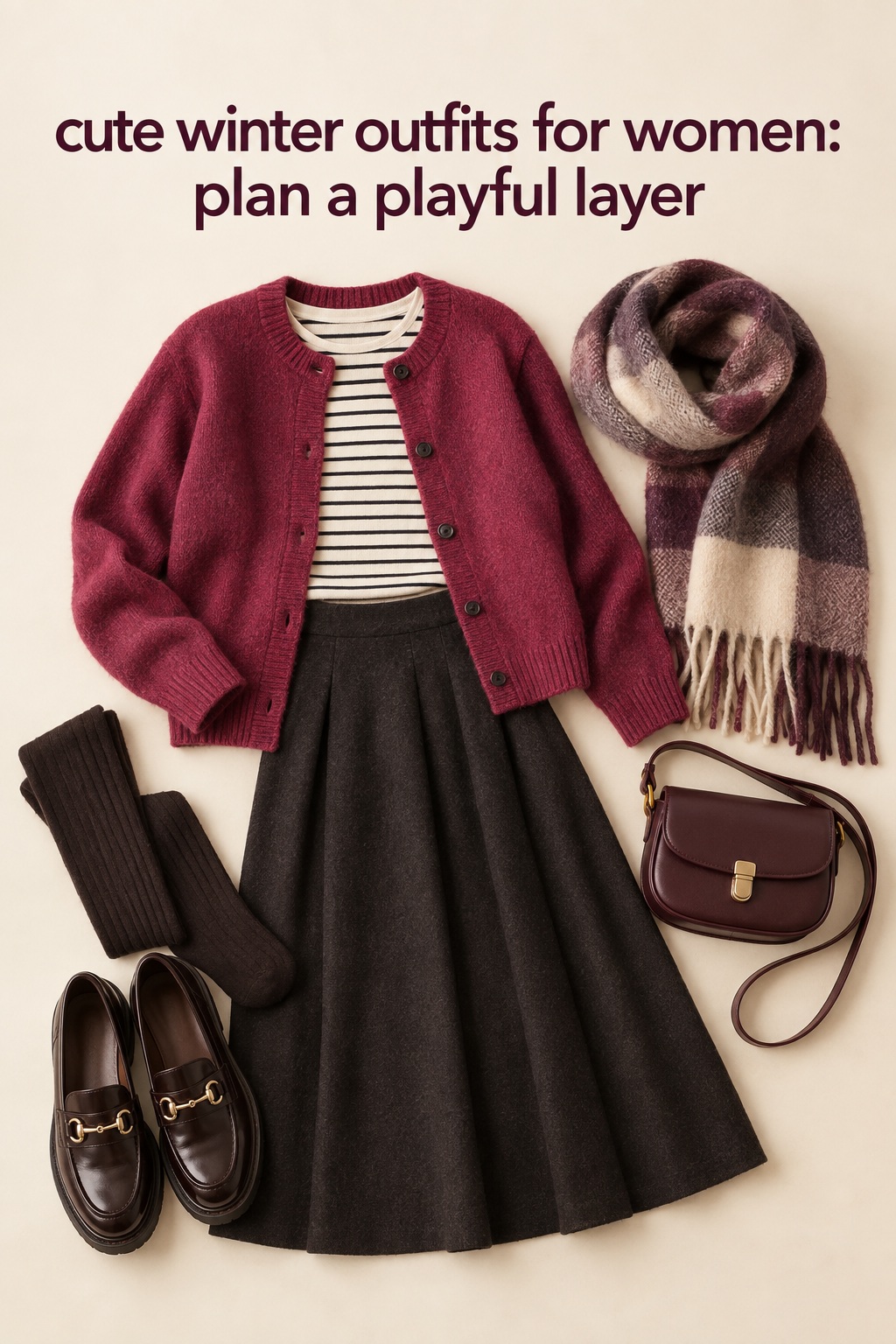 cute winter outfits for women flatlay with cardigan, striped top, skirt and loafers