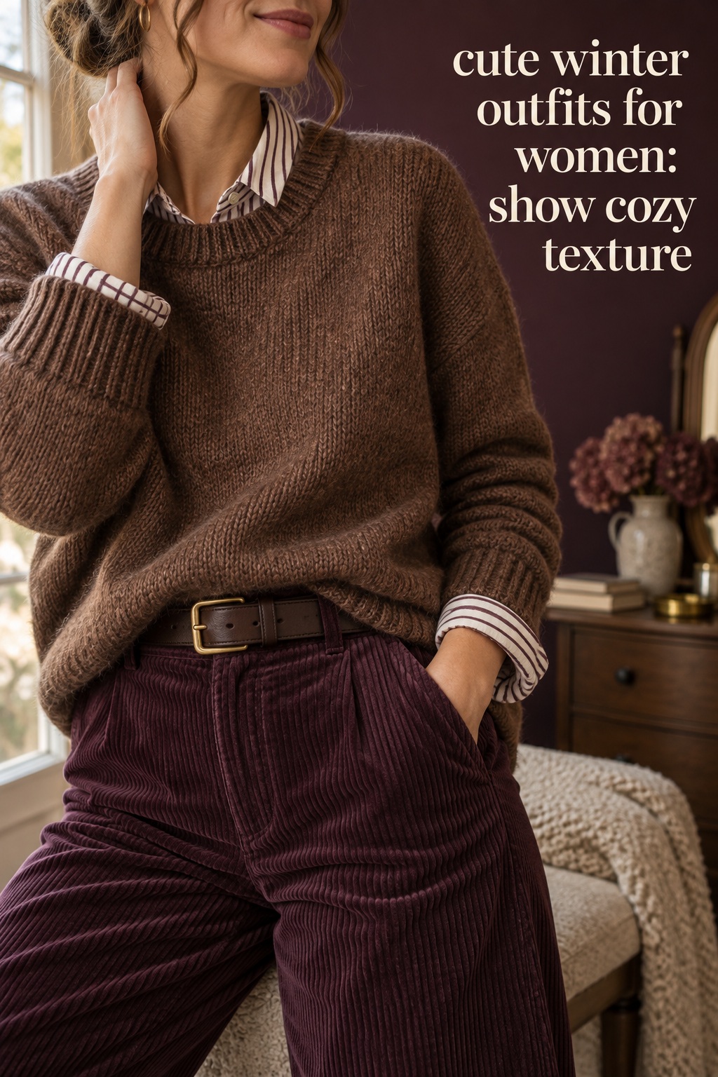 cute winter outfits for women close-up of a cocoa knit and plum corduroy trousers