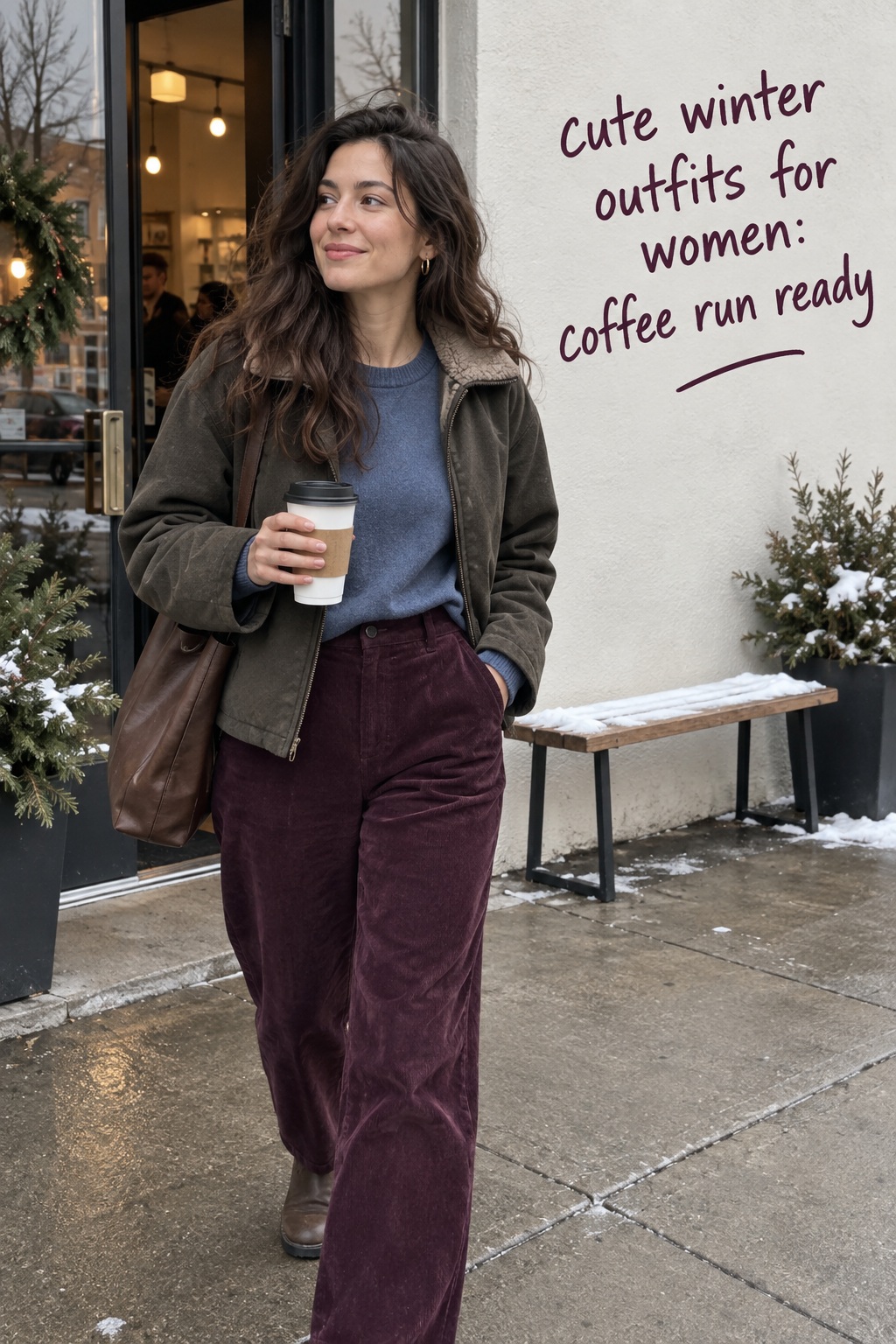 cute winter outfits for women in a candid coffee run look