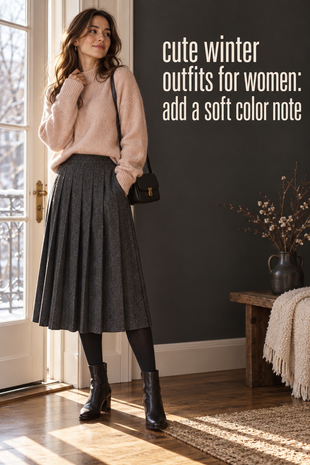 cute winter outfits for women in a blush sweater and charcoal midi skirt