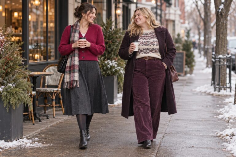 Two women wearing cute winter outfits with knitwear, skirts, and corduroy trousers