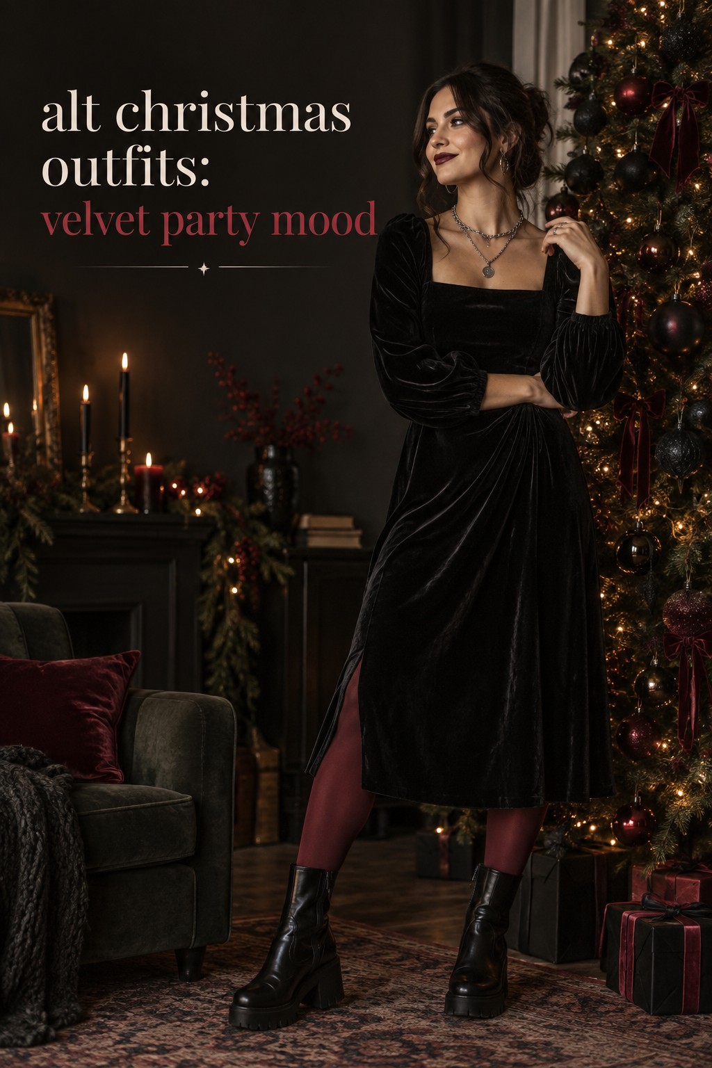 alt christmas outfits with black velvet dress and red tights