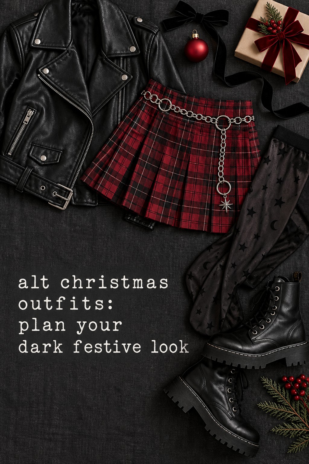 alt christmas outfits flatlay with leather jacket and plaid skirt