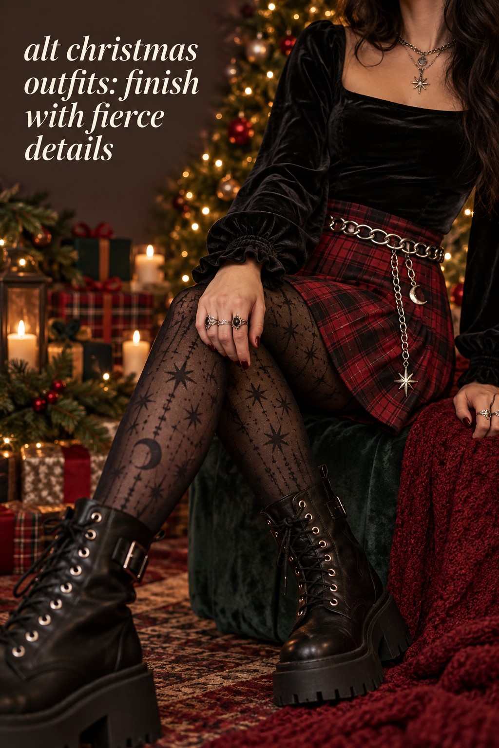 alt christmas outfits with velvet, plaid, chain belt, and boots