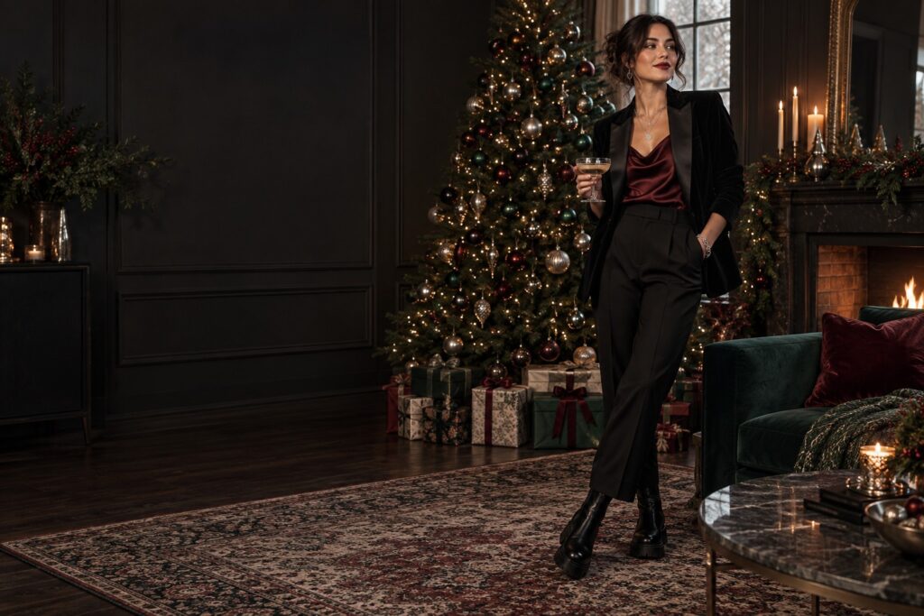 alt christmas outfits in a black velvet blazer and dark red holiday look