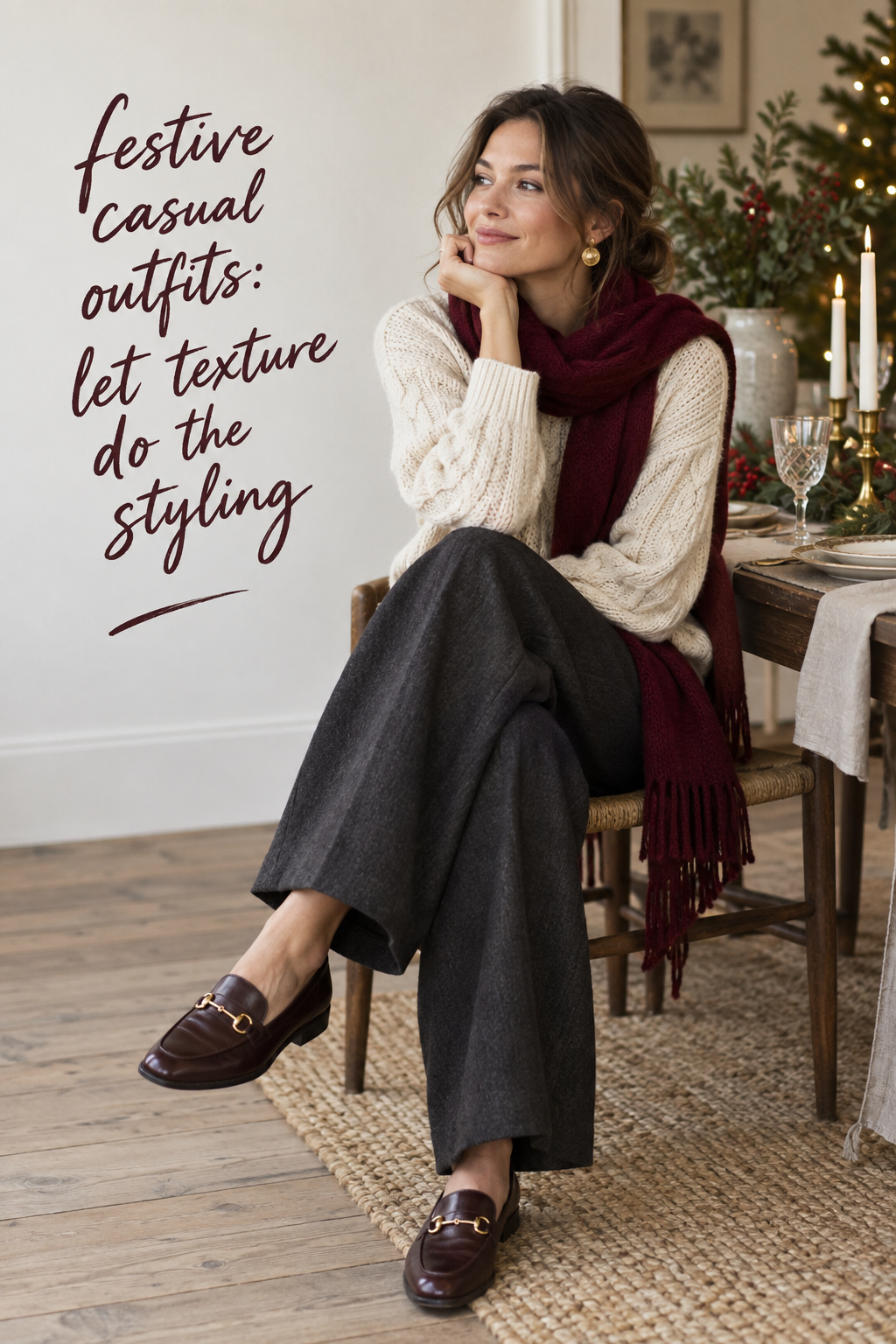 festive casual outfits with cream knit, burgundy scarf, dark trousers, and loafers at a holiday table