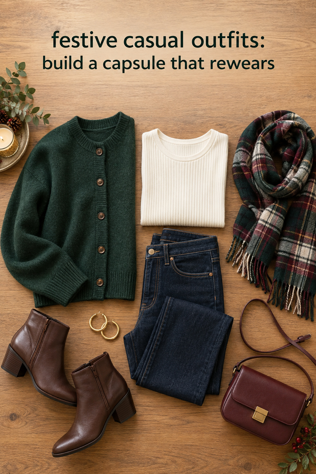 festive casual outfits capsule flatlay with green cardigan, ivory top, dark denim, plaid scarf, and boots