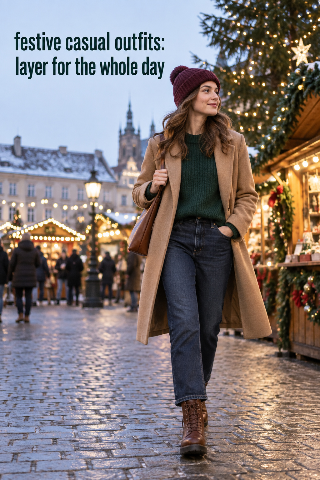 festive casual outfits for a winter market with green sweater, camel coat, burgundy hat, jeans, and boots