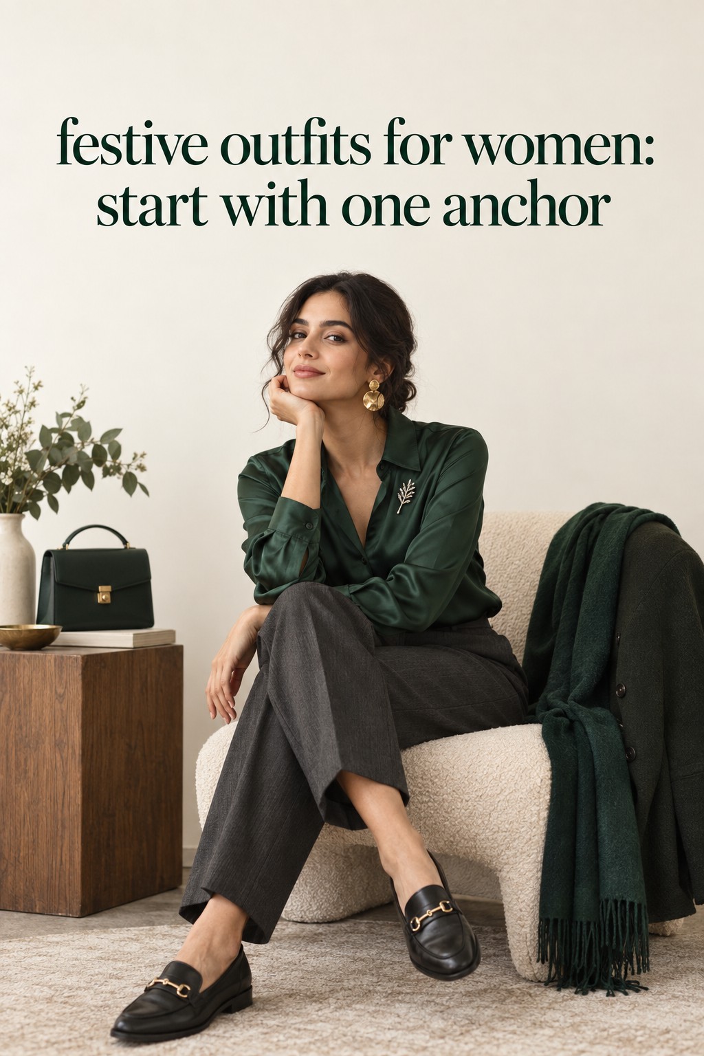 festive outfits for women featuring an emerald satin blouse and charcoal trousers