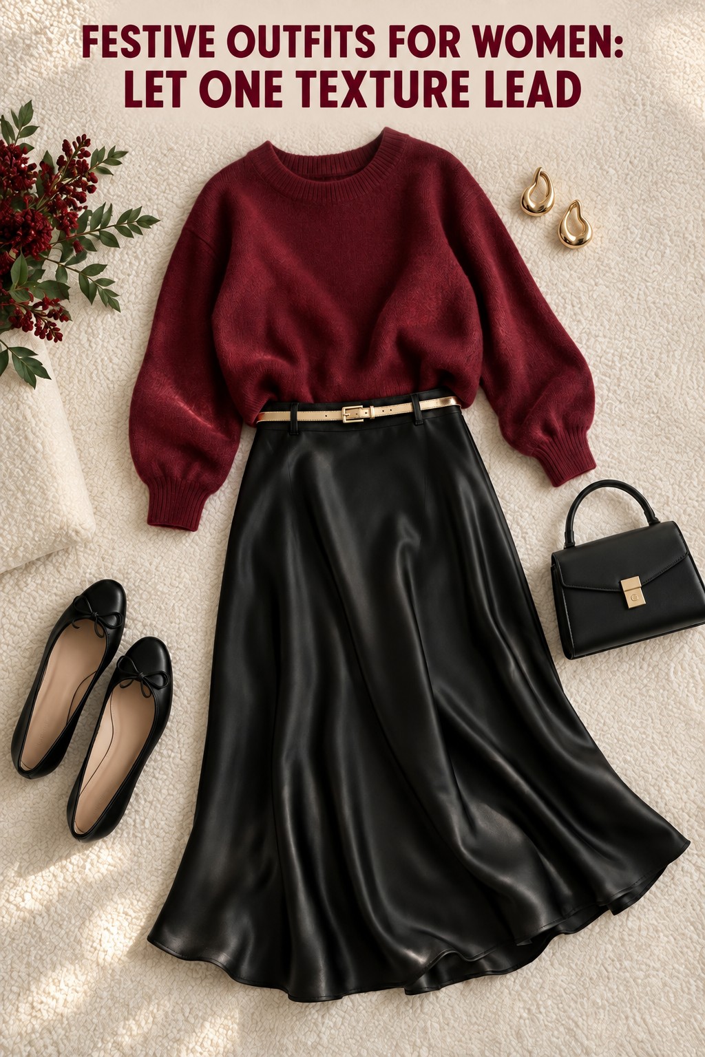 festive outfits for women flatlay with a berry knit and black satin skirt