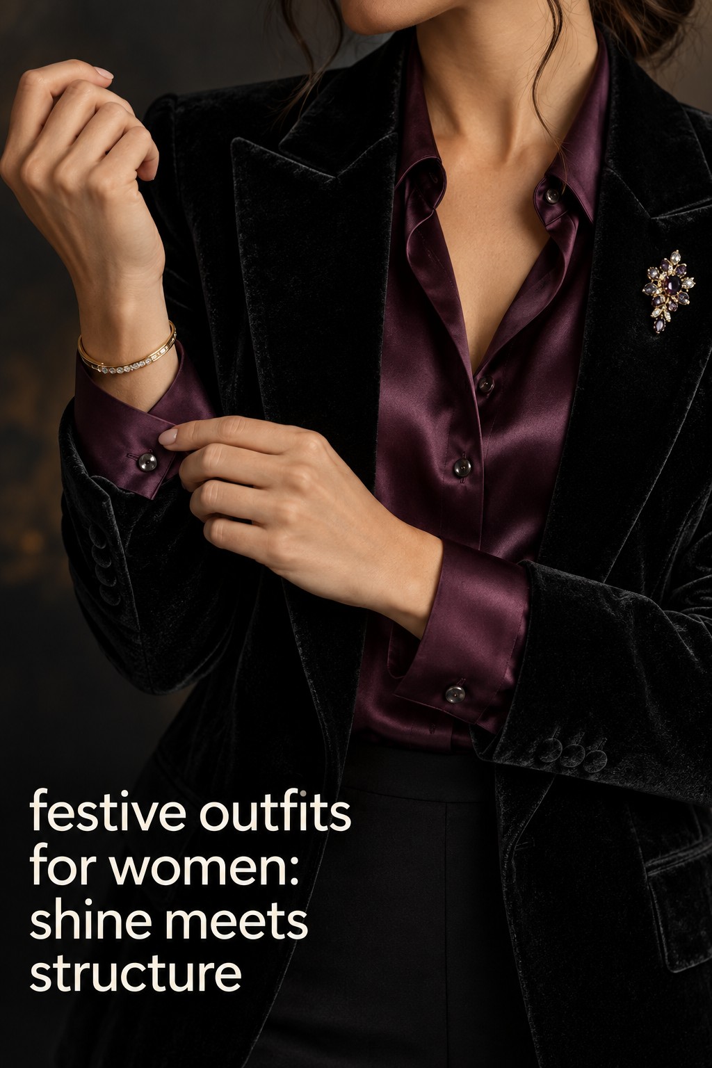 festive outfits for women close-up of plum satin cuffs and a velvet blazer