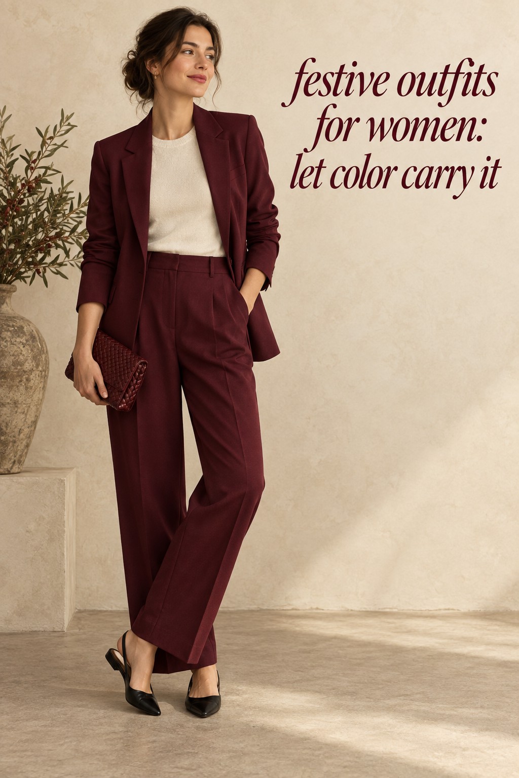 festive outfits for women in a berry tailored suit with an ivory knit