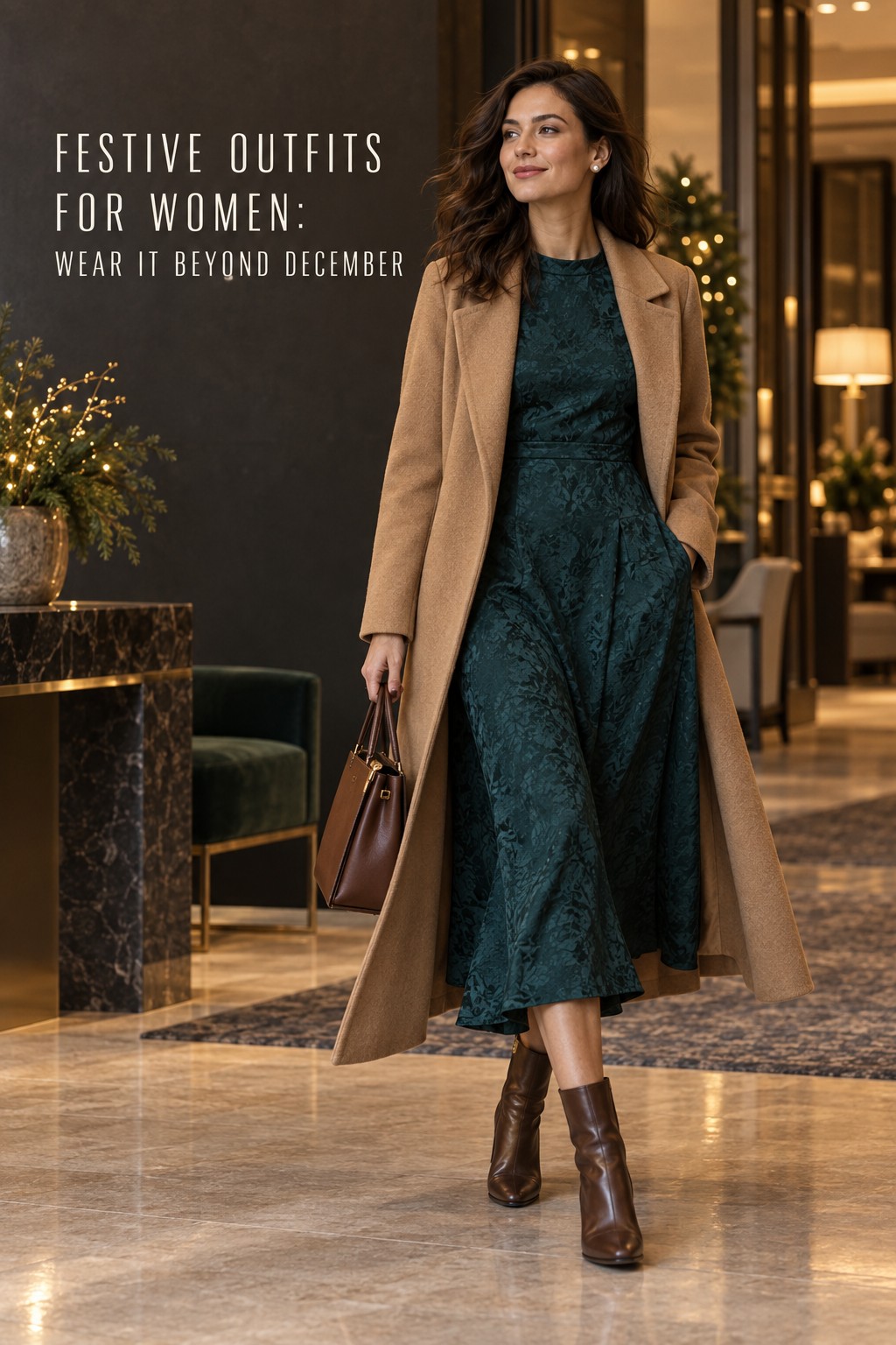 festive outfits for women in a teal jacquard dress and camel coat