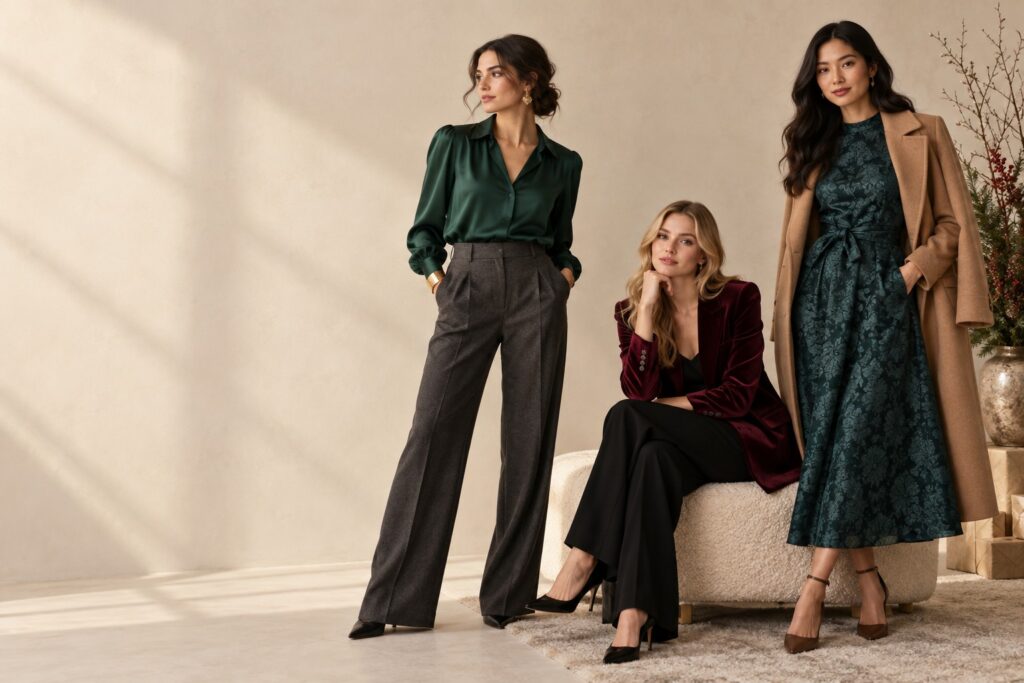 Three women wearing polished festive outfits in emerald, berry, and teal