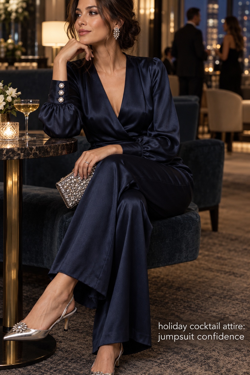 holiday cocktail attire with a midnight navy satin jumpsuit and silver slingbacks