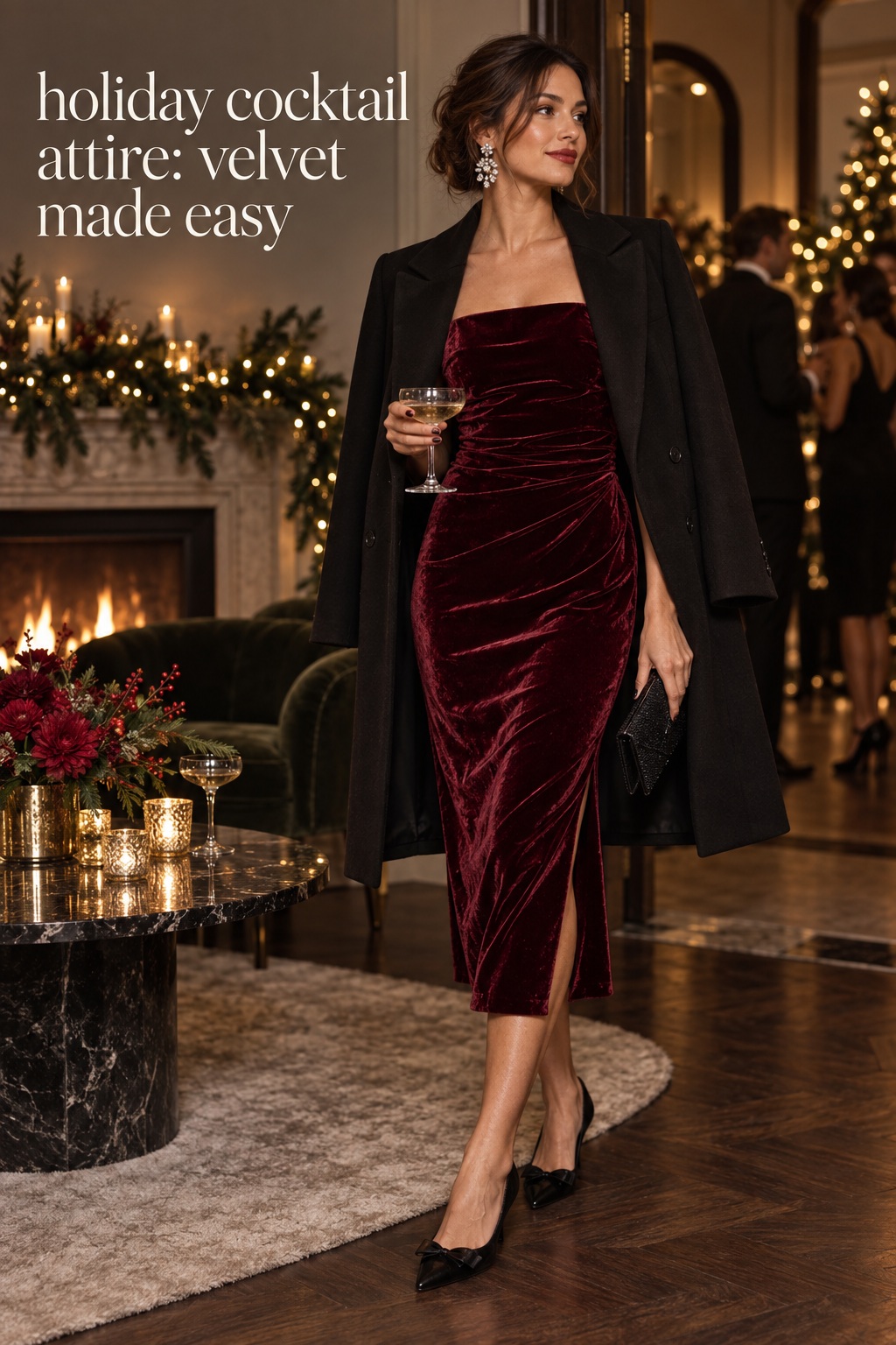 holiday cocktail attire with a burgundy velvet midi dress and crystal earrings
