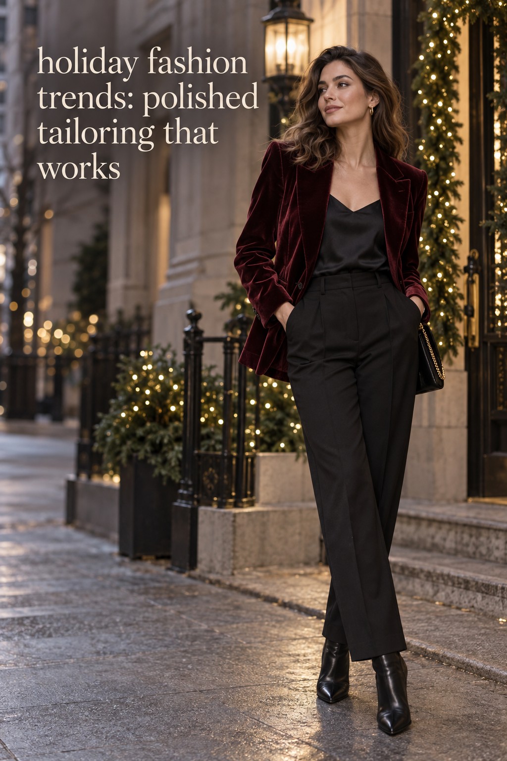 holiday fashion trends polished burgundy velvet tailoring with black trousers