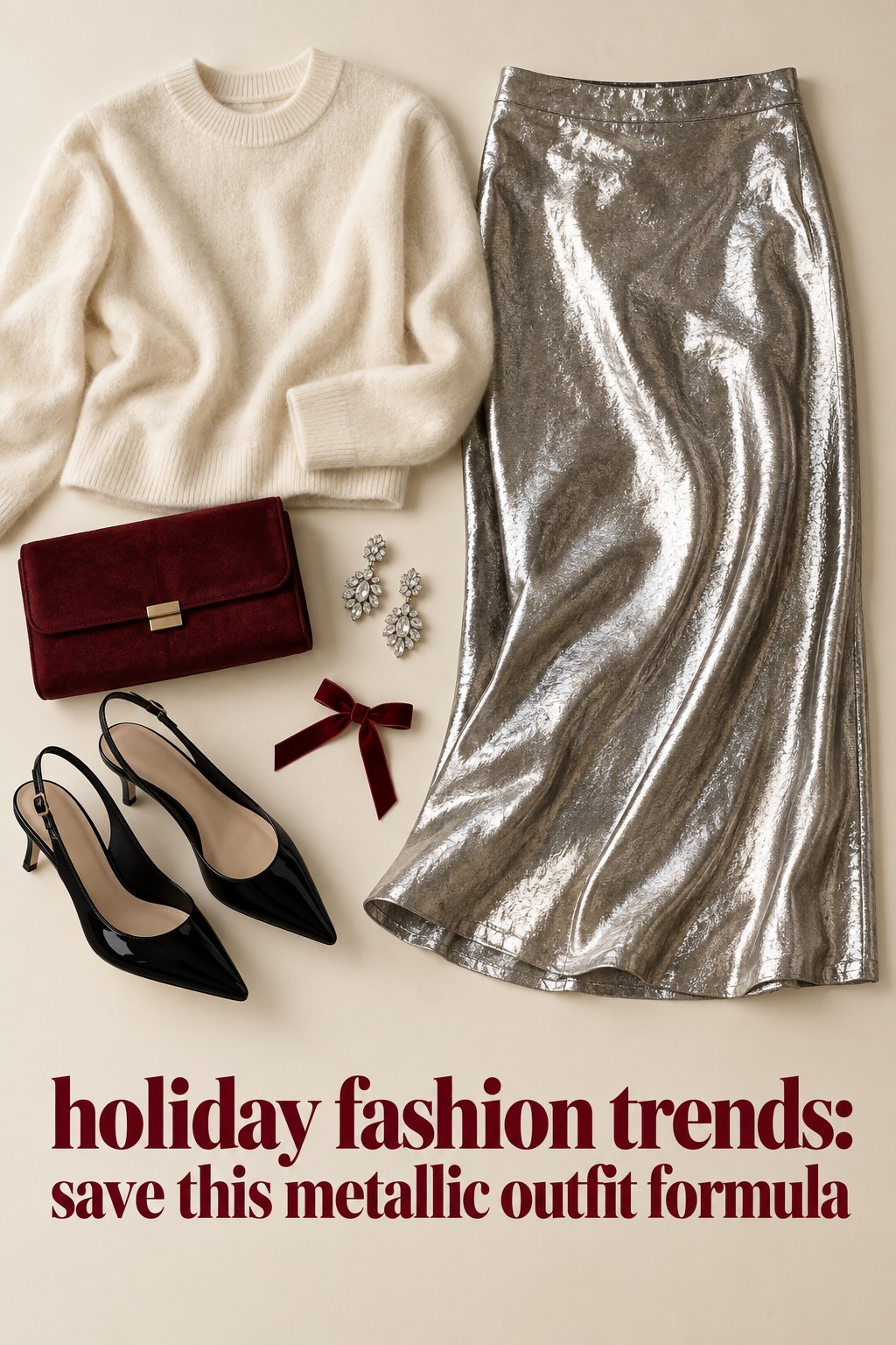 holiday fashion trends metallic silver skirt cream sweater burgundy clutch and black slingbacks