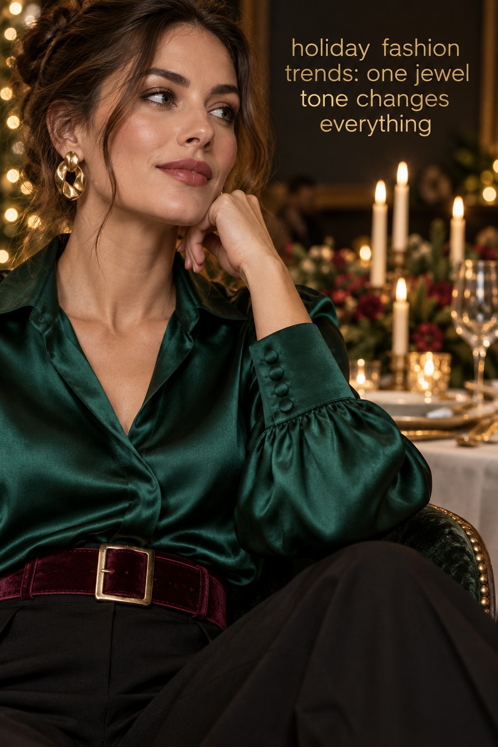 holiday fashion trends emerald satin blouse burgundy velvet belt and gold statement earrings