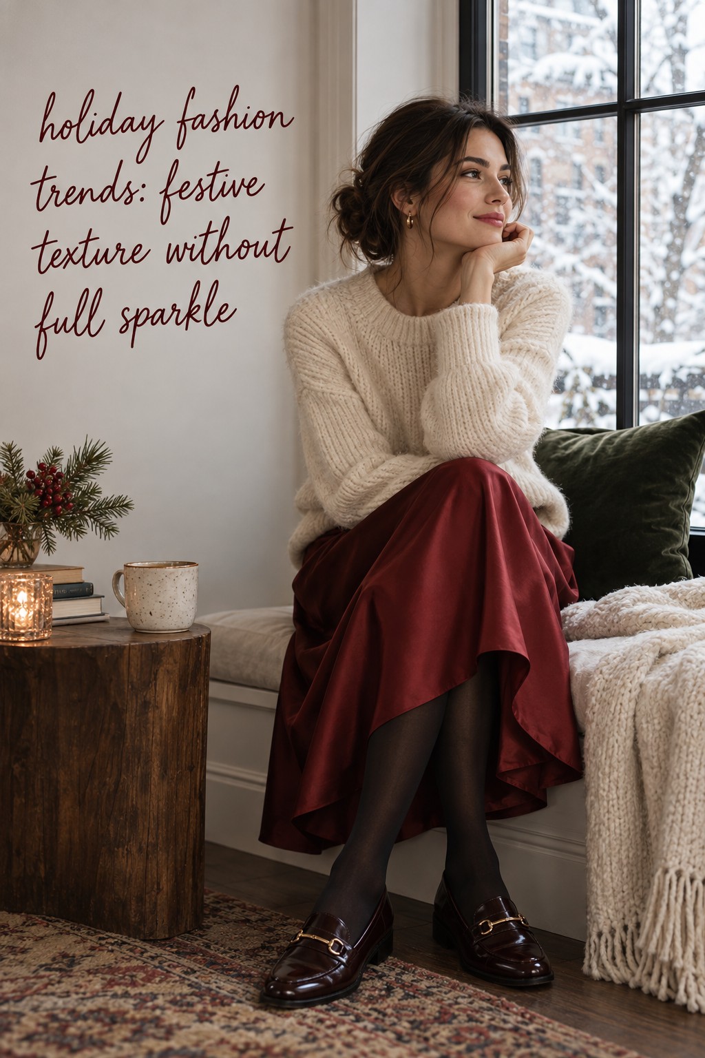 holiday fashion trends cream knit red satin skirt and brown loafers by a snowy window