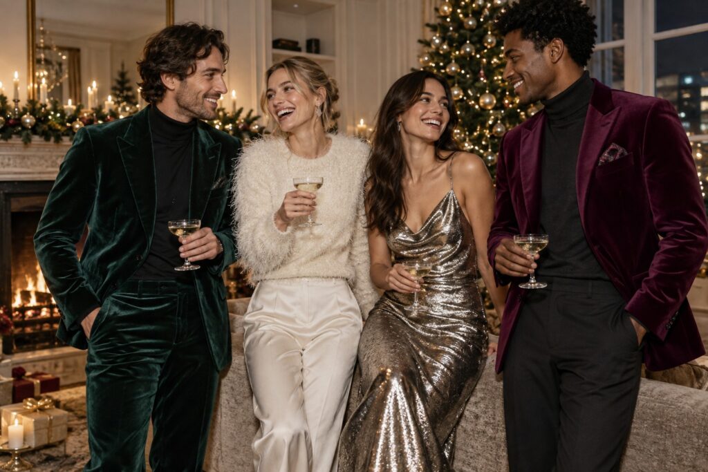 holiday fashion trends velvet tailoring cozy texture metallic shine and jewel tone color at a gathering