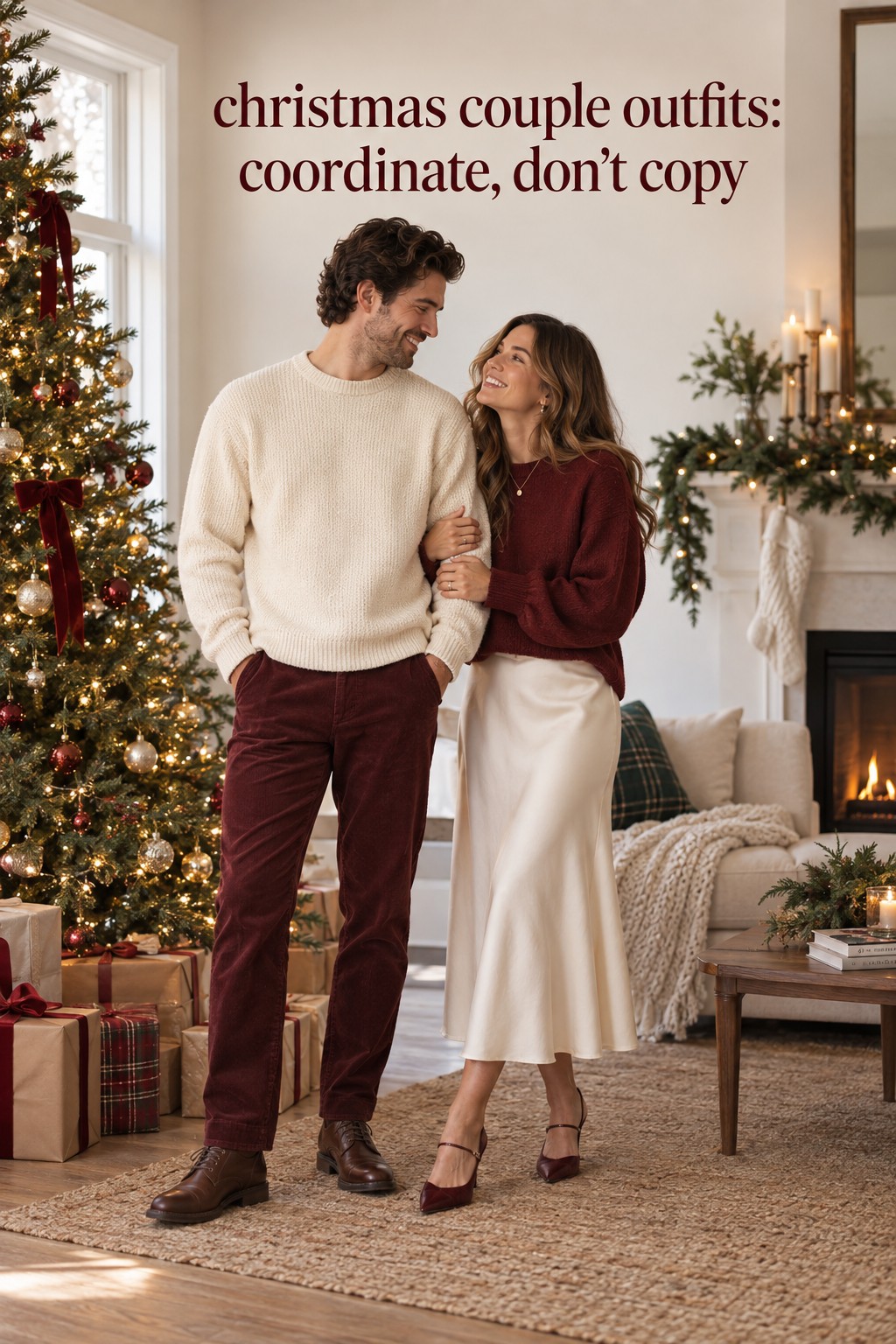 christmas couple outfits in cream and burgundy coordinated knit looks
