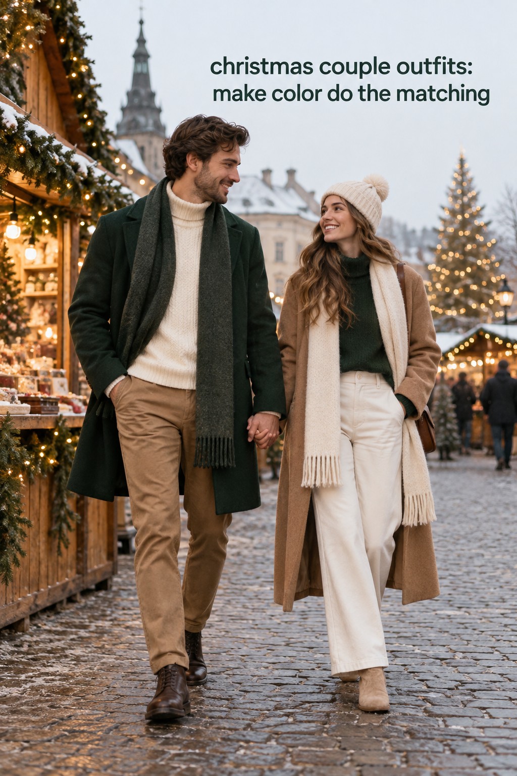 christmas couple outfits in forest green cream and camel winter layers