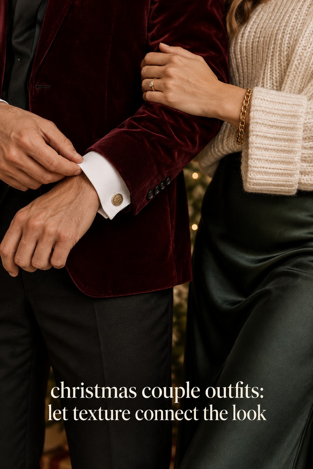 christmas couple outfits with burgundy velvet and cream knit texture details