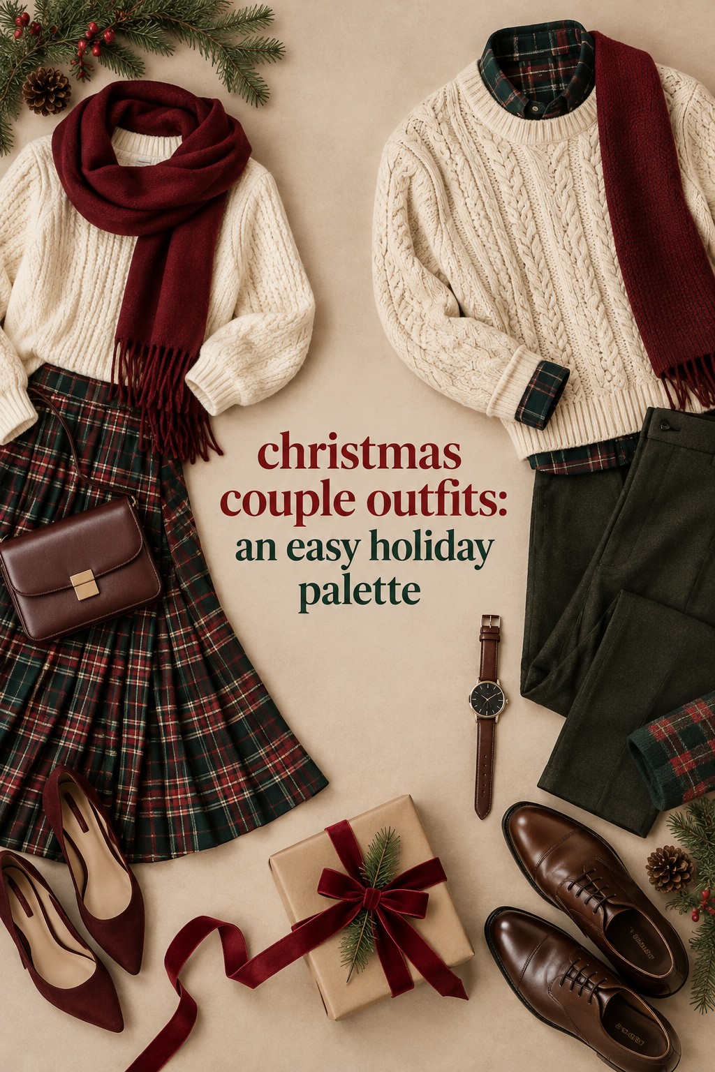 christmas couple outfits flatlay in cream burgundy plaid and forest green