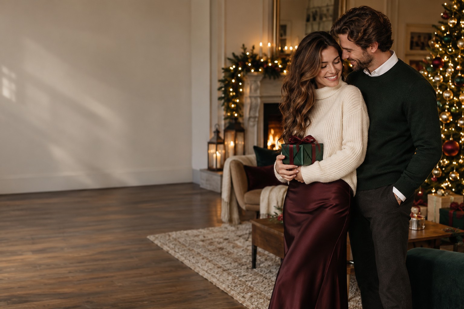 christmas couple outfits in cream burgundy forest green and dark neutrals