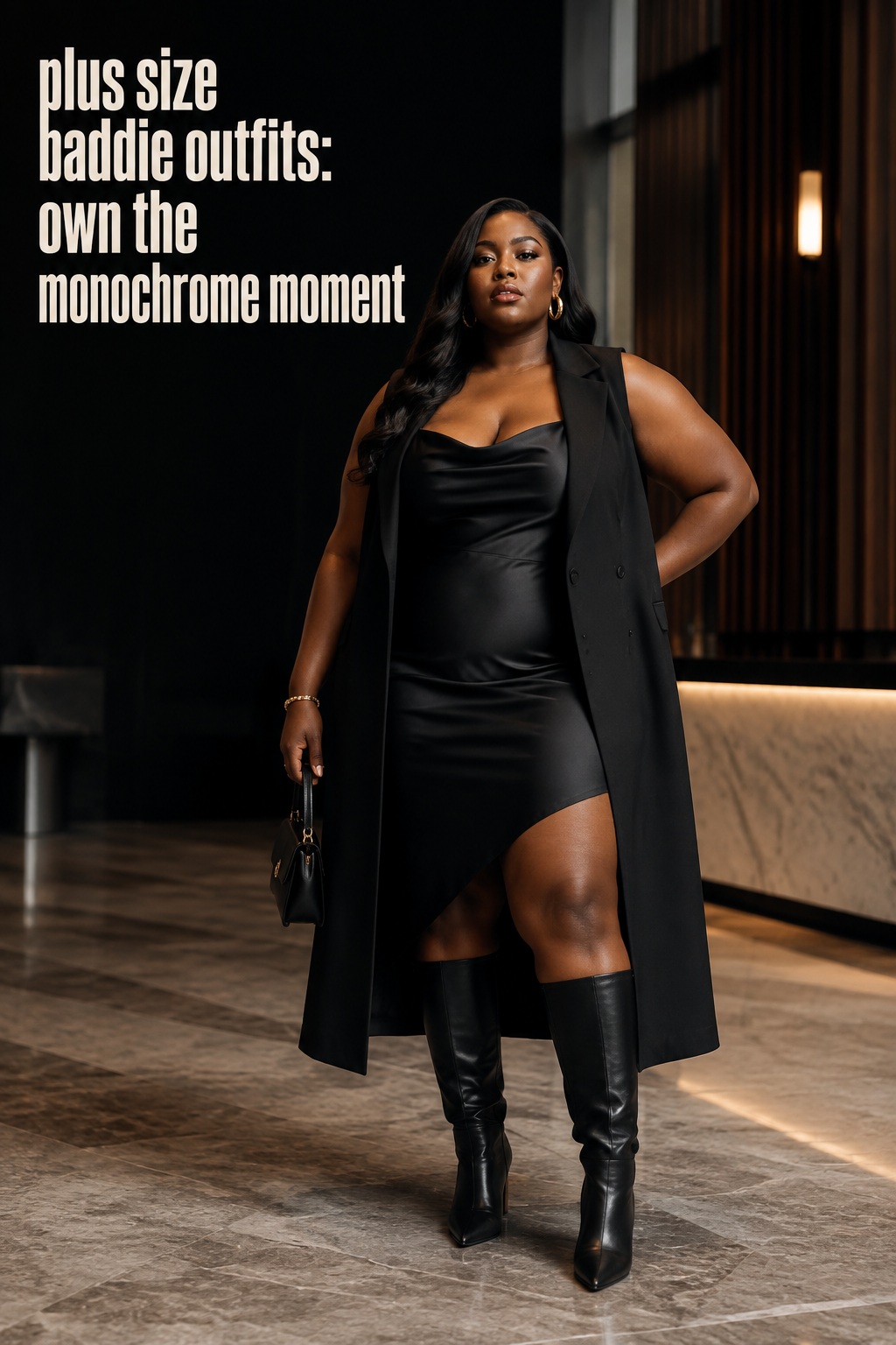 plus size baddie outfits in a black slip dress, tailored vest, and knee-high boots