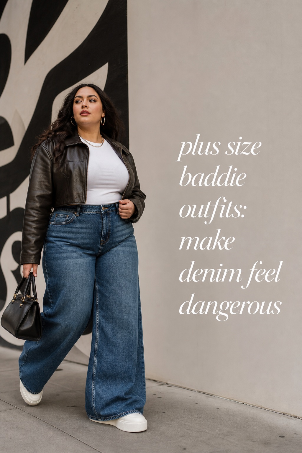 plus size baddie outfits with wide-leg denim, a leather jacket, and platform sneakers