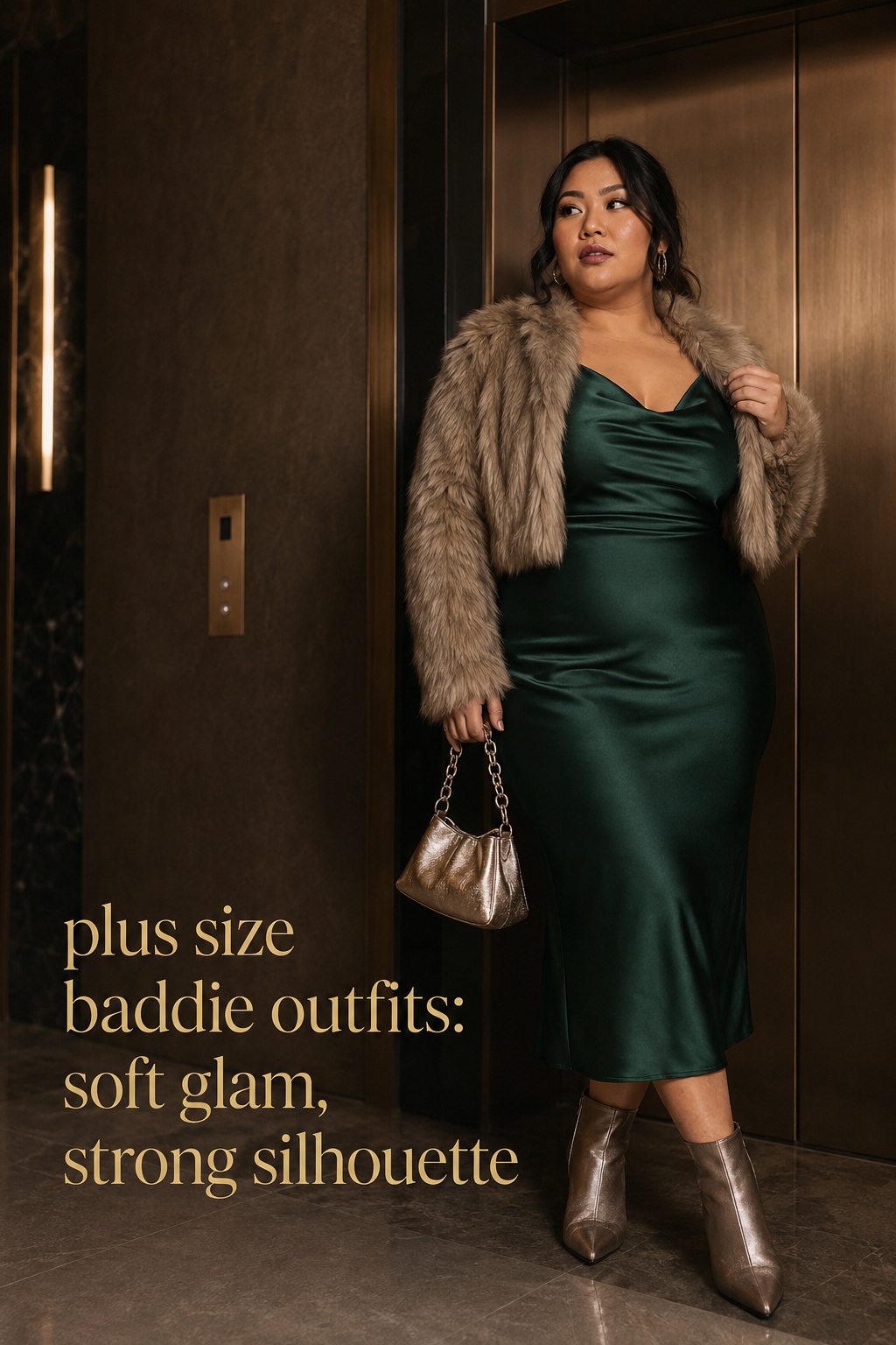 plus size baddie outfits with an emerald satin midi dress and faux-fur jacket