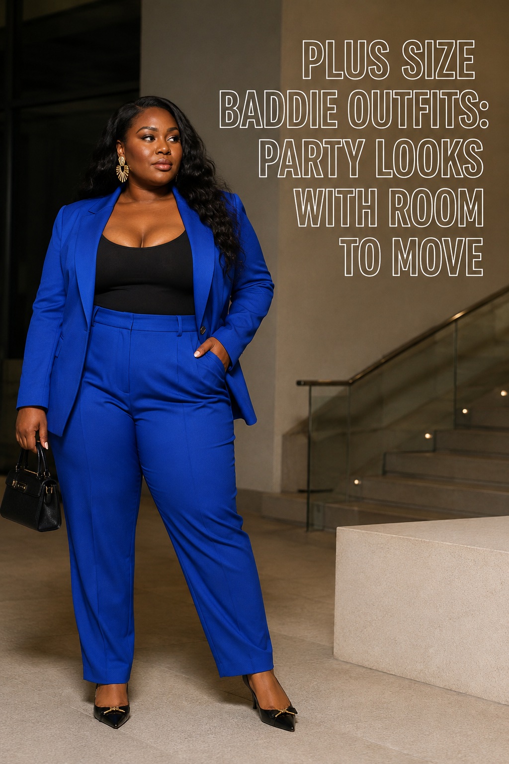 plus size baddie outfits with a cobalt pantsuit, black top, and pointed flats