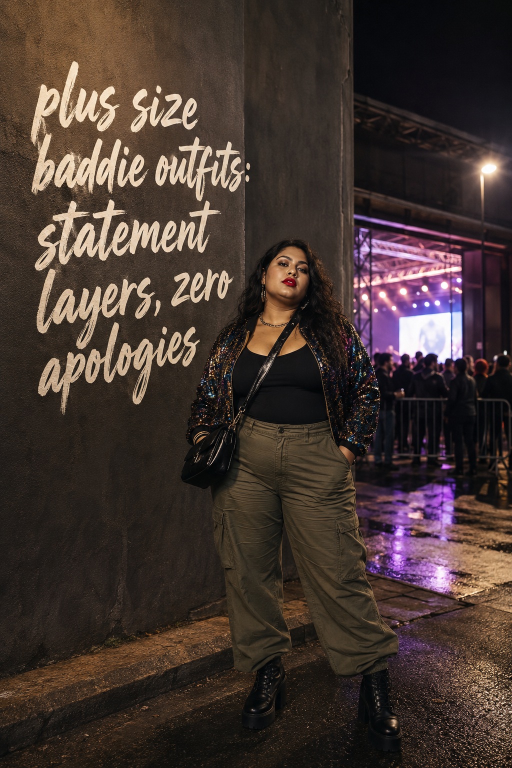 plus size baddie outfits with a sequin bomber, cargo pants, and platform boots