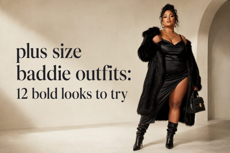 plus size baddie outfits in a black satin dress, faux-fur coat, and bold boots