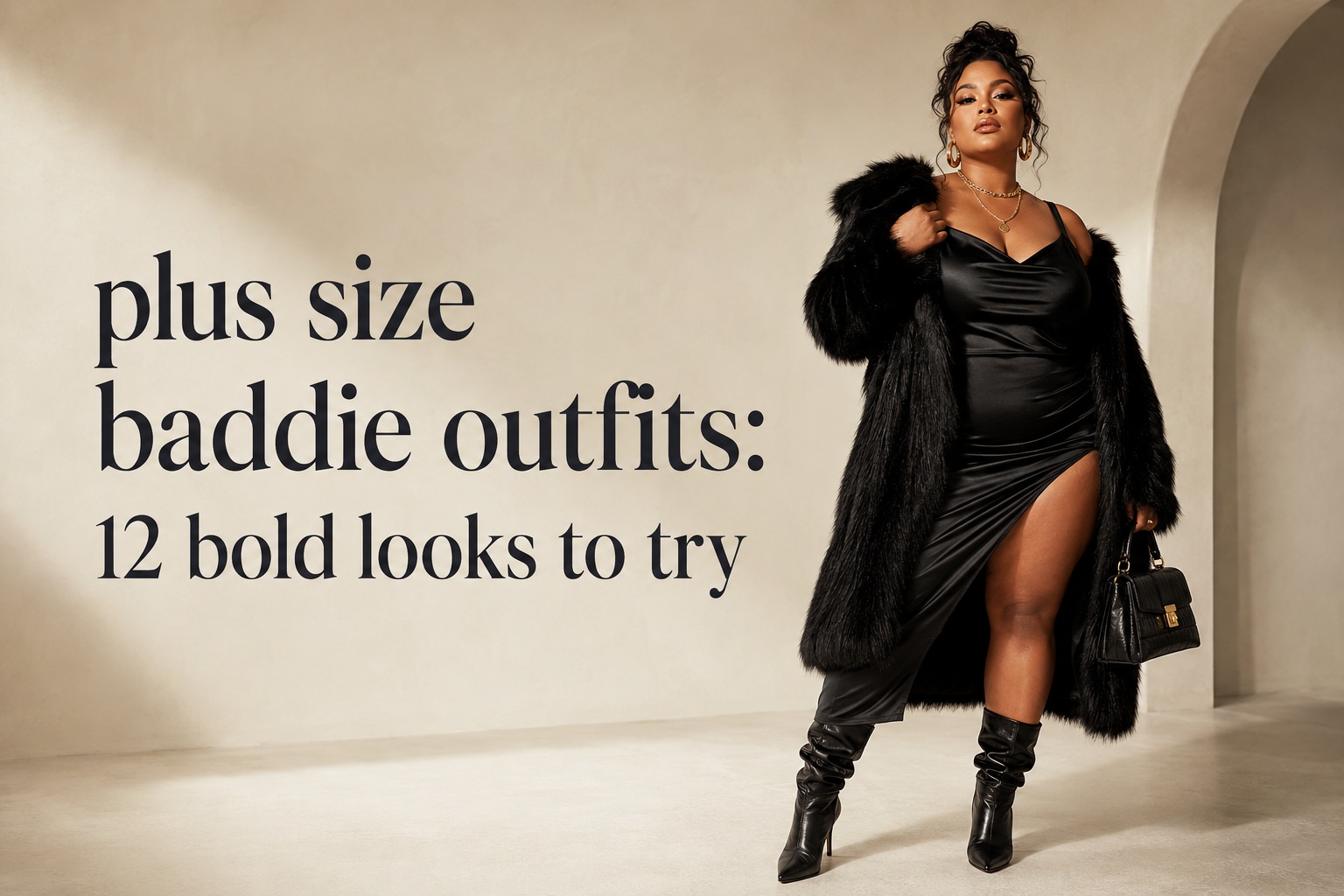 plus size baddie outfits in a black satin dress, faux-fur coat, and bold boots